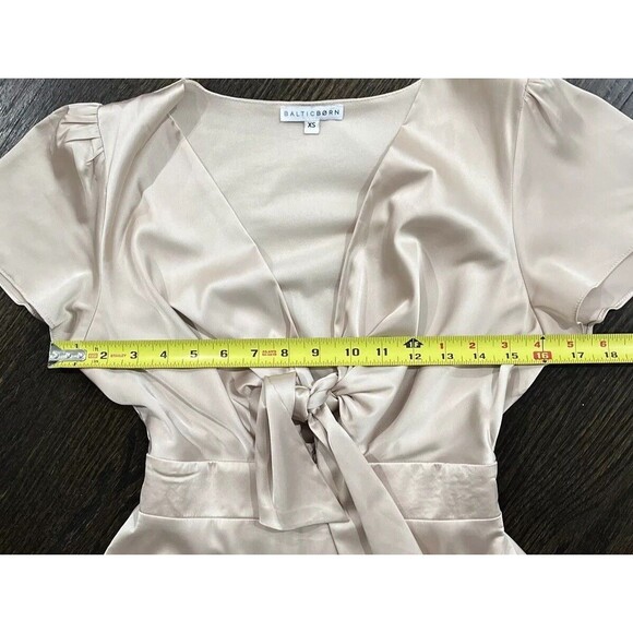 Baltic Born Poppy Satin Midi Dress XS Knot Front Flutter Sleeve Champagne Tie - Picture 9 of 11